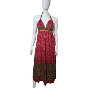 Love Shop Strappy Halter Boho Floral Maxi Dress Pink Brown Size S/M